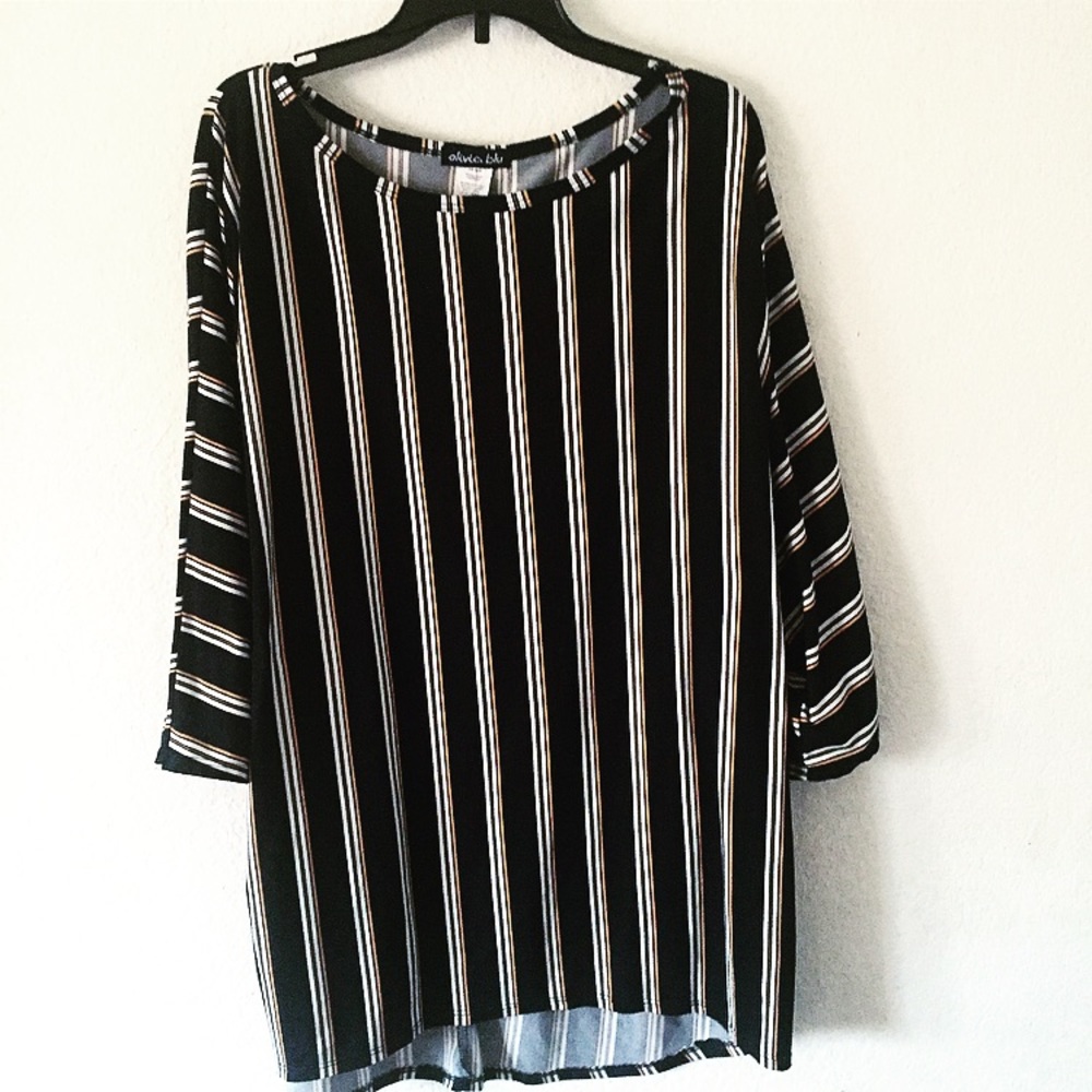 Blue yellow white striped blouse